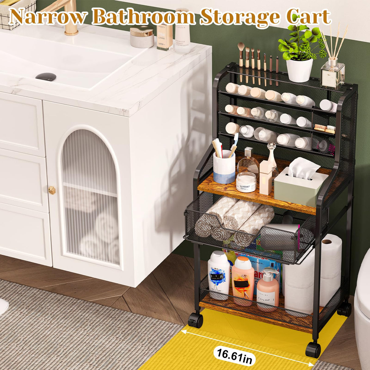 Jakyitvi 6-Tier Rolling Bathroom Storage Cart with Mesh Drawer, Metal Utility Cart with Lockable Wheels for Towels, Toiletries, and Cleaning Supplies, Organization Cart for Bathroom, Kitchen, Laundry Jakyitvi