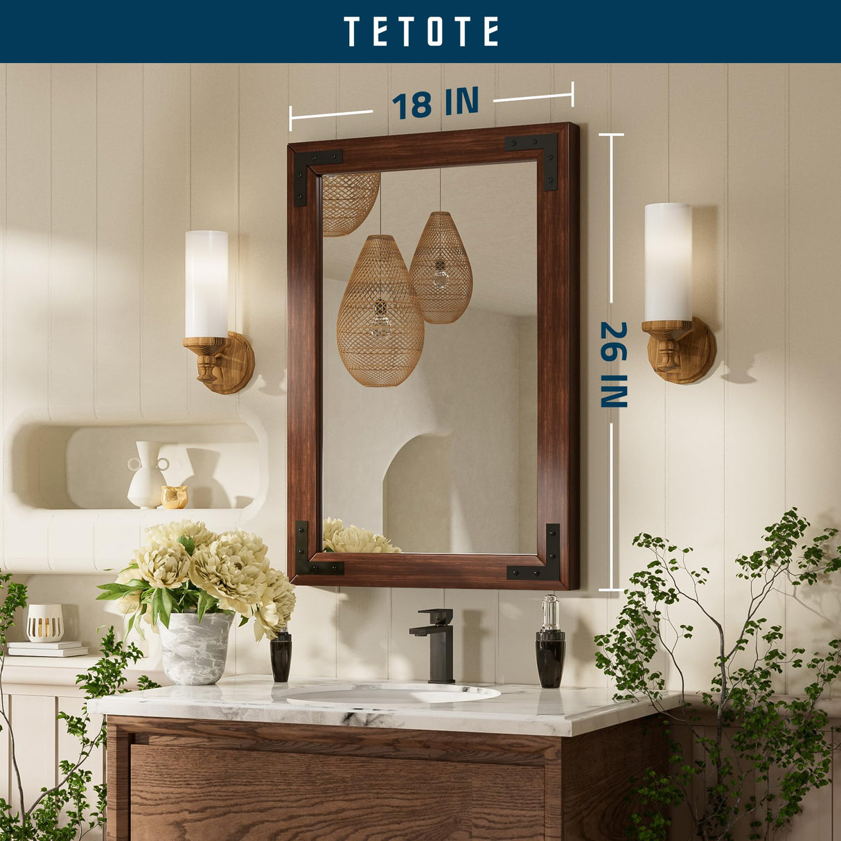 TETOTE 18 x 26 Walnut Wood Mirror for Bathroom Wall/Bedroom/Living Room/Entryway Farmhouse Rustic Bathroom Vanity Mirror for Over Sink Waterproof (Horizontal/Vertical Mounted) TETOTE