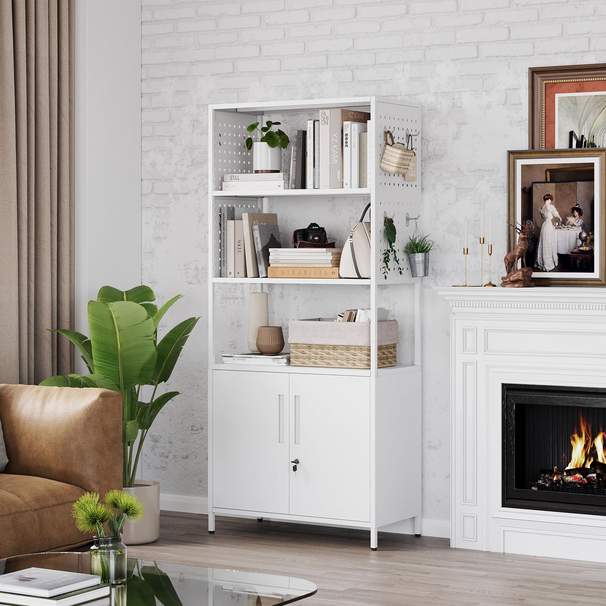 MIIIKO Metal Storage Cabinet with Shelves, 71" Tall Steel Stand Rack Shelf with Pegboard, Home Office Bookcase with Display Shelf MIIIKO