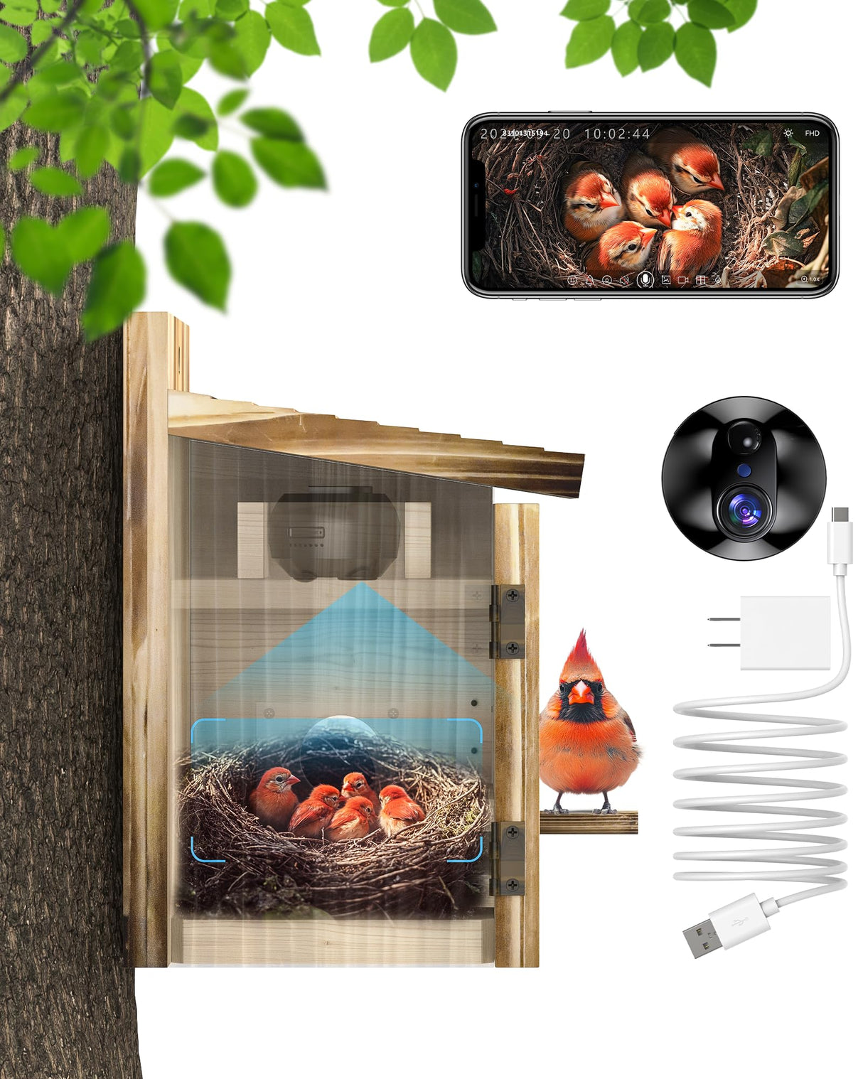 Bird House with Camera Smart Bird House Camera for Small Birds Nesting, 2K HD Wi-Fi Bird Watching Camera, Auto Detect&Notify, Night Vision, APP Control, Wooden Birdhouse with Camera Inside (Plug-In) KinetCam