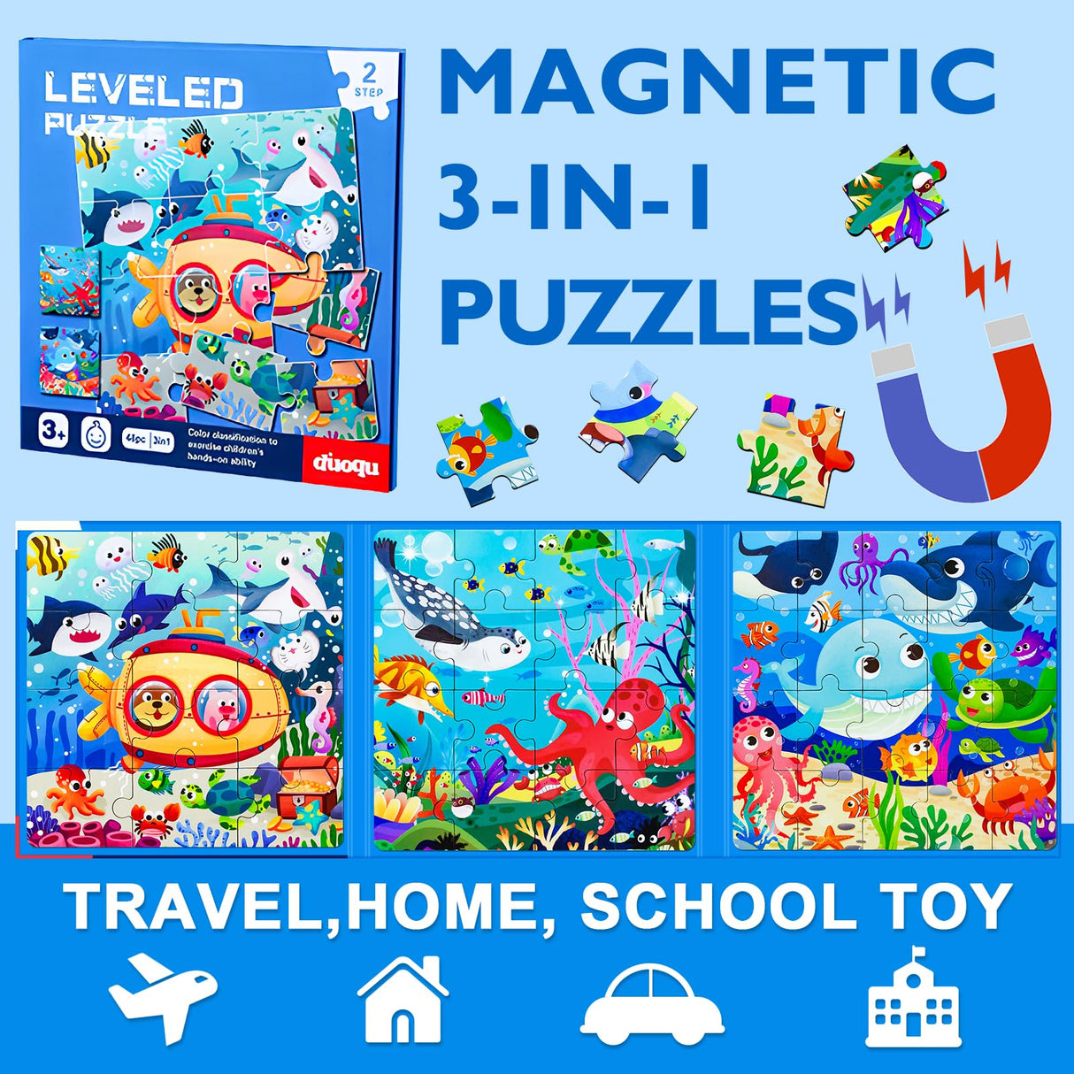Magnetic Puzzles for Kids Ages 3-5, 3 in 1 Ocean World Toddlers Magnet Jigsaw Puzzle Book, Kids Travel Puzzles Toys, Preschool Learning Toy for Kids 3-8 Year (Ocean World) EREBADI