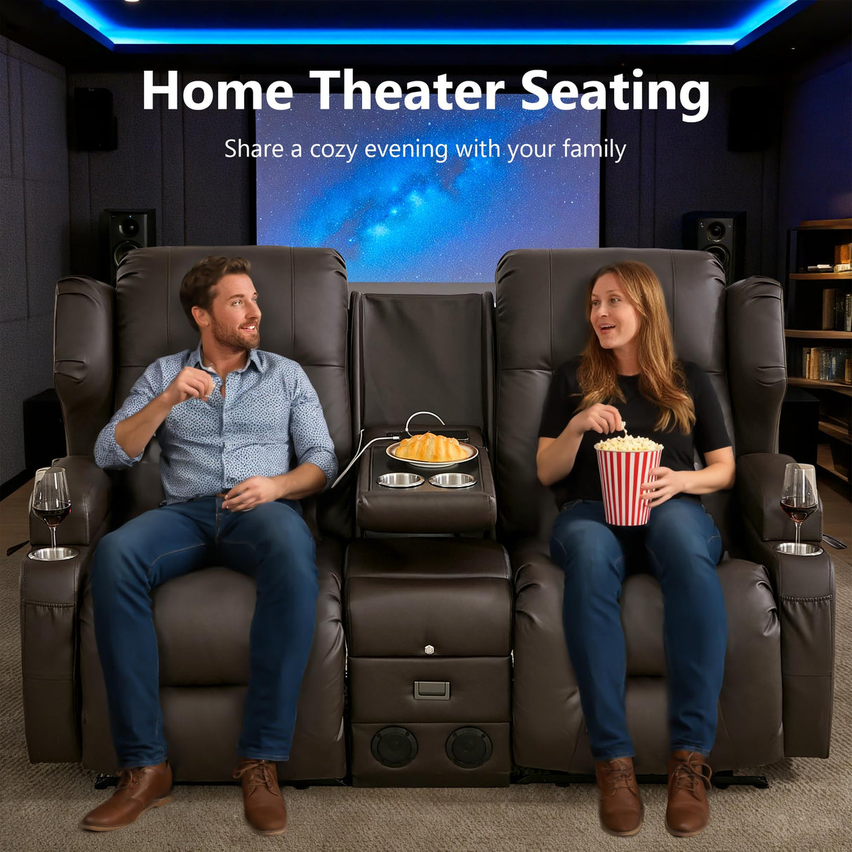 URRED Loveseat Rocker Recliner Sofa with Console, Manual Reclining Loveseat RV Couch Double Rocking Chair Nursery with Cup Holders, Side Pocket, Bluetooth Speaker, USB, Outlets (Dark Brown) URRED