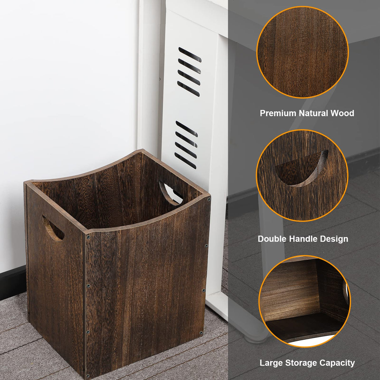 Wood Trash Can 5.3 Gallon Office Wastebasket Farmhouse Rectangular Garbage Can with Built-in Handles Small Trash Can for Bedroom Office Kitchen Bathroom Under Desk Large Storage Vrisa