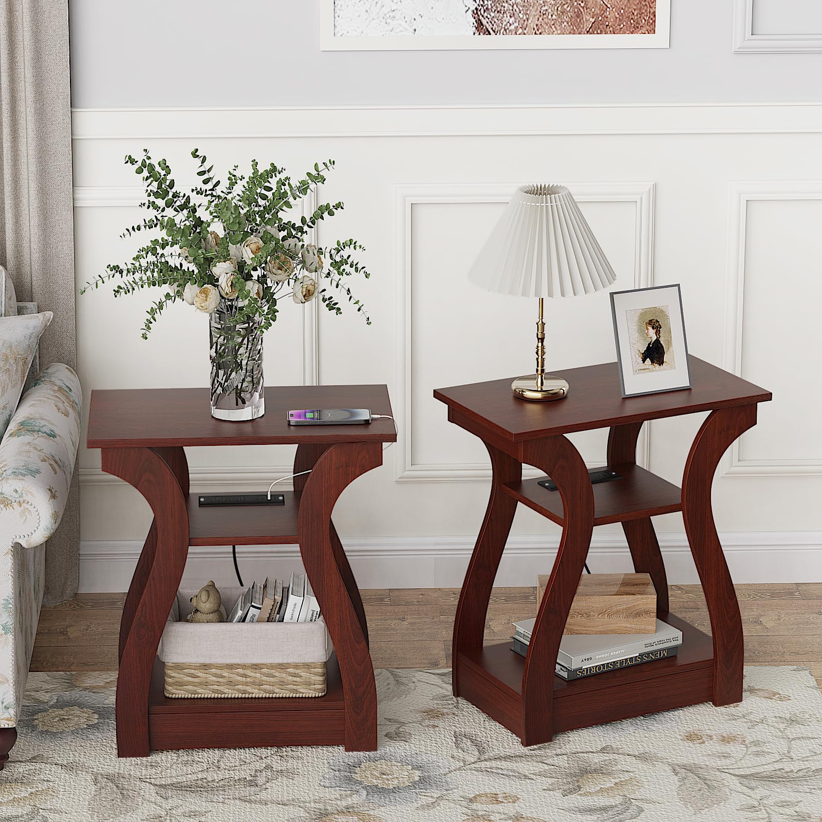 FROMJBEST End table Set of 2 Side Table with Charging Station, Side Table with USB Ports and Outlets, Nightstand, 3 Tier End table with Storage Shelf for Living Room, Bedroom (Cherry) - WoodArtSupply