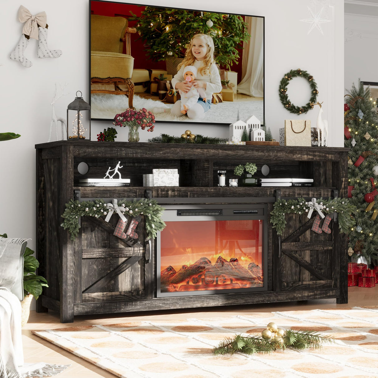TIMWNER Fireplace TV Stand for TVs Up to 70", Entertainment Center with Fireplace Includes 12 Color Light Options, Black TV Stands for Living Room, Bedroom, 58 inch TV Stand TIMWNER