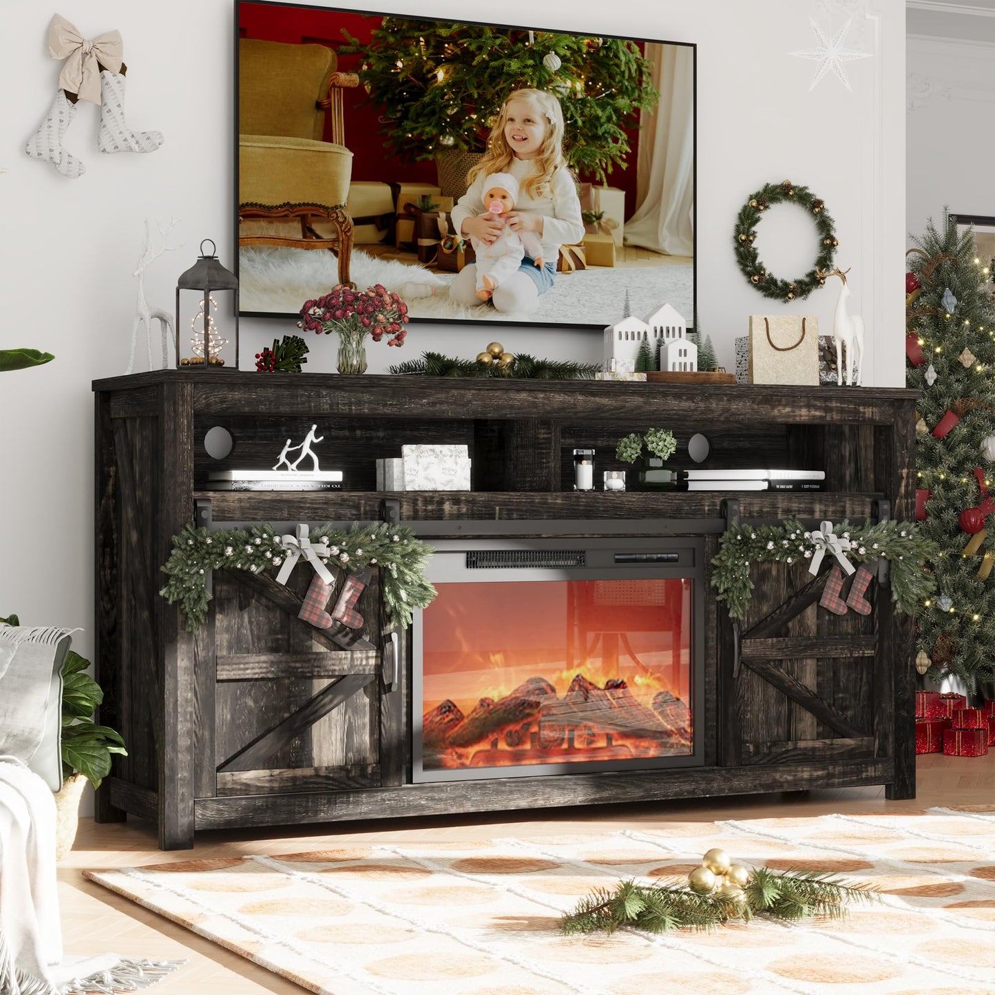 TIMWNER Fireplace TV Stand for TVs Up to 70", Entertainment Center with Fireplace Includes 12 Color Light Options, Black TV Stands for Living Room, Bedroom, 58 inch TV Stand