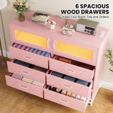 ElectraSpeedy Dresser for Bedroom, 6 Drawer Dresser with 2 Shelves, LED Lights & Charging Station, Modern Chest of Drawers for Bedroom, Entryway, Hallway, Pink ElectraSpeedy