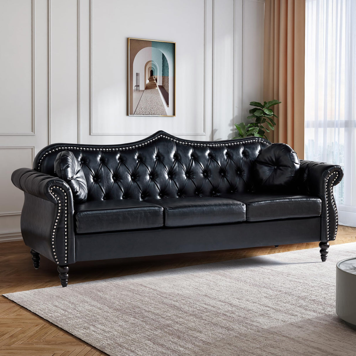 AVZEAR 82" Three Seater Leather Sofa, Chesterfield Sofa, Mid-Century Modern PU Upholstered Sofa Couch, Deep Button Tufted Living Room Sofa with Two Throw Pillows, Black AVZEAR