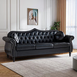 AVZEAR 82" Three Seater Leather Sofa, Chesterfield Sofa, Mid-Century Modern PU Upholstered Sofa Couch, Deep Button Tufted Living Room Sofa with Two Throw Pillows, Black AVZEAR