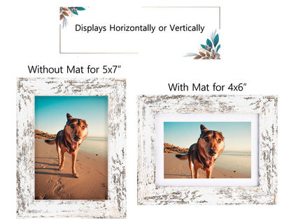 Califortree Rustic White 5x7 Picture Frame - Display Photos 4x6 with Mat or 5x7 Without Mat - Real Glass Frames for Wall and Tabletop - Set of 2