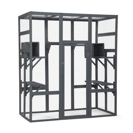 COZIWOW 70Inches Large Spacious Wooden Outdoor Cat Catio with Perches and Condos, Cat Cage Enclosure Indoor Kitty Window Kennel with Waterproof Roof, 7 Platforms & 2 Resting Box, UV Resistant (Grey) COZIWOW