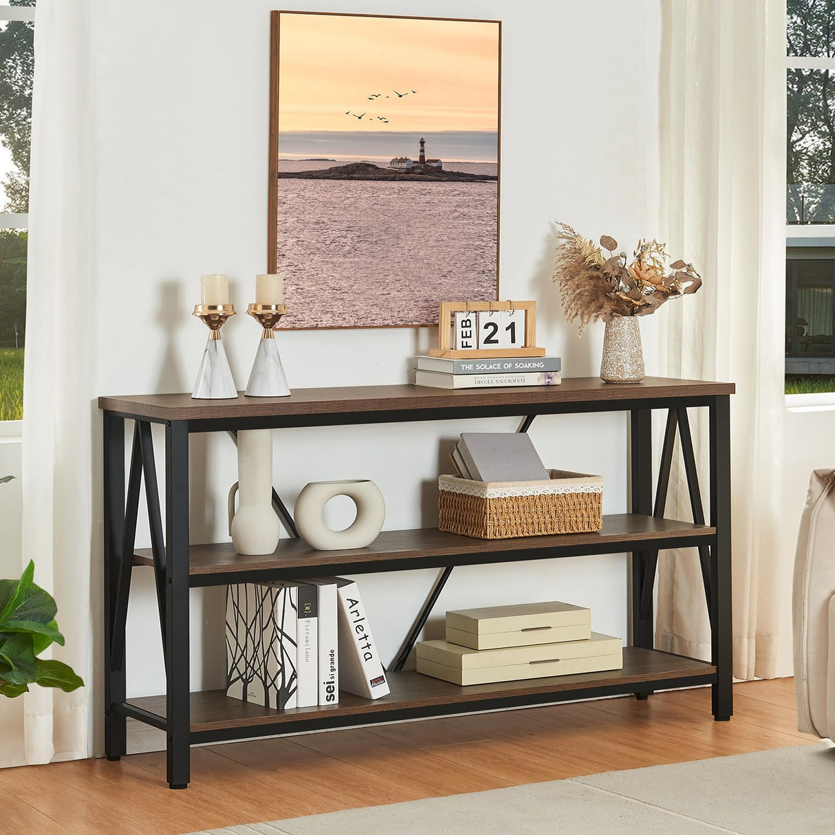 HOMISSUE Entryway Console Table, Rustic Couch Table with Wide Storage, Industrial Sofa Tables for Entryway with 3-Tier Open Shelves, Entryway Table for Living Room, Hallway, Brown, 55 Inch HOMISSUE