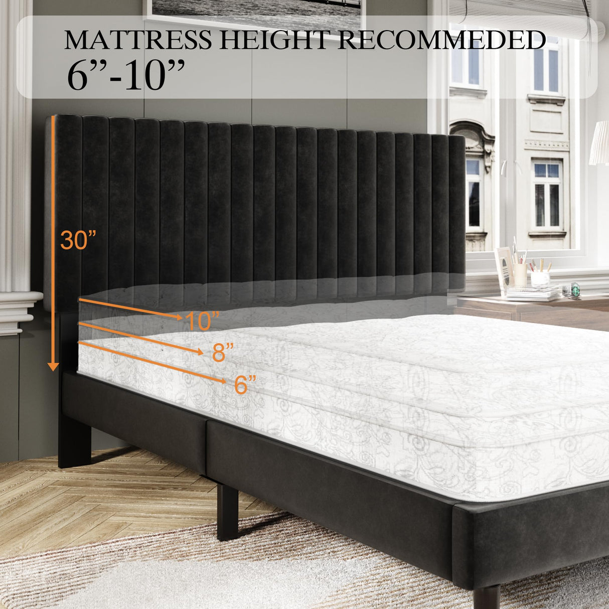 Sismplly Queen Size Bed Frame with Velvet Upholstered Headboard, Platform Bed with Strong Wood Slats, Mattress Foundation, Box Spring Optional, Easy Assembly, Black Sismplly