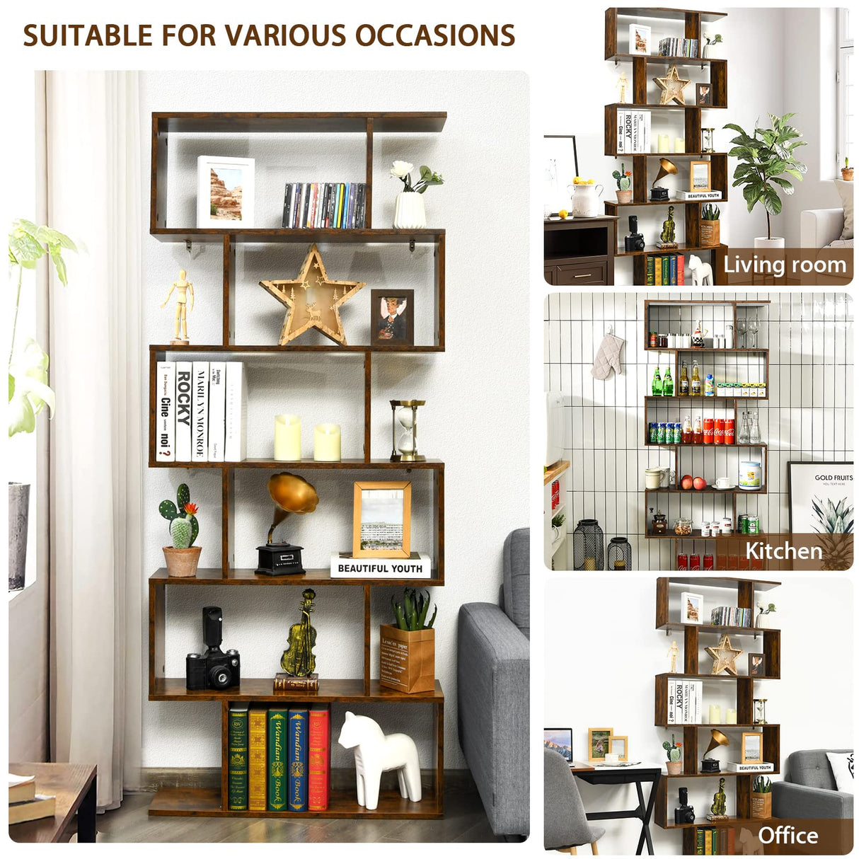 IFANNY 6 Tier Bookshelf, S Shaped Bookcase w/Staggered Storage Shelves, Display Shelf and Room Divider, Librero para Habitacion, Book Shelf for Bedroom, Living Room, Home Office (Rustic Brown) IFANNY