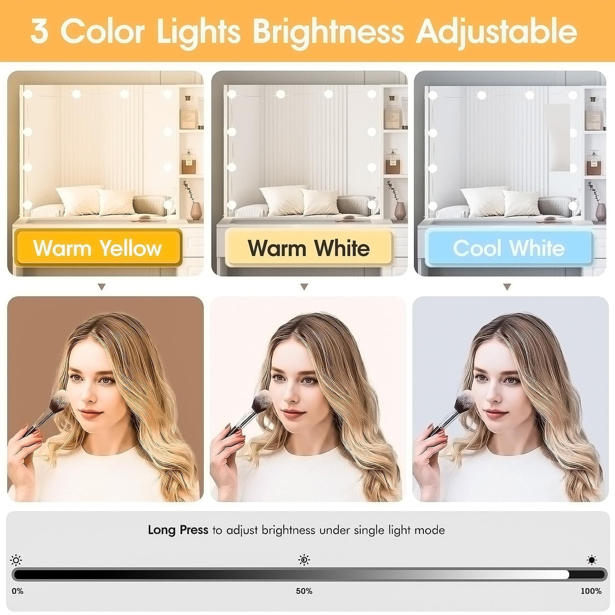 Vabches Vanity Desk Set with Lights and Mirror,White Makeup Desk with 3 Drawers & Storage Cabinet & Shelves,Glass Top Vanity Table Set with 10 Bulbs,3 Lighting Modes Adjustable Brightness Vabches