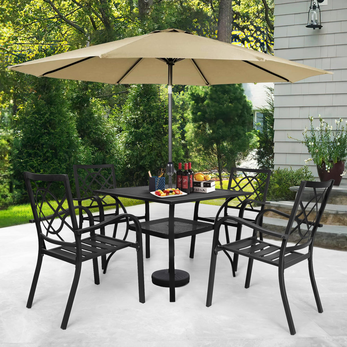 SUNCROWN 5-Piece Outdoor Wrought Iron Chairs and Table Patio Dining Furniture Set - 4 Stackable Metal Chairs, 1 Steel Slat Bistro Table and 1 Brown 9Ft Patio Umbrella for Garden Backyard Deck SUNCROWN