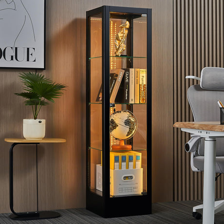 Foreate 4-Tier Glass Display Cabinet Case with 13 Colors Light & Lock, 63" Curio Cabinet with Glass Door & Adjustable Shelves, Thickened 5MM Tempered Glass Collectibles Display Case Bookshelf, Black Foreate