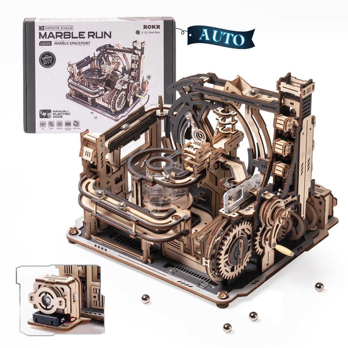 ROKR 3D Puzzles for Adults, Electric Model Kits Marble Spaceport LGC01, 472pcs Marble Run Brain Teaser Wooden Puzzles Building Toy, Desk Decor Creative Birthday Gifts for Men/Women/Teens 14+ ROKR