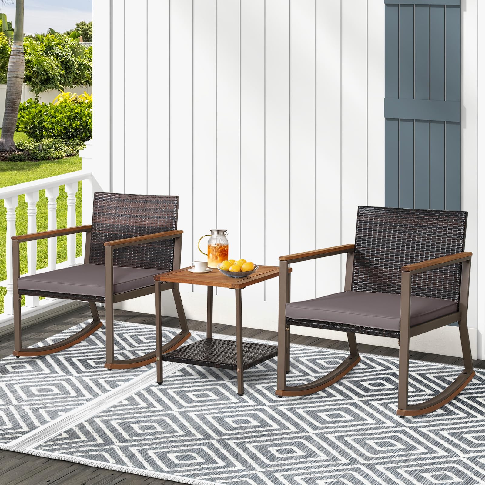 Tangkula 3 Pieces Rocking Bistro Set, Outdoor Rocker Chair with Coffee Table & Cushions, Patio Rattan Furniture Conversation Set for Balcony Porch Poolside (Gray) - WoodArtSupply