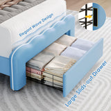 HOSTACK Twin Upholstered LED Bed Frame with Storage Drawers - Stylish Blue/White Platform Bed for Boys with Adjustable Lotus Headboard HOSTACK