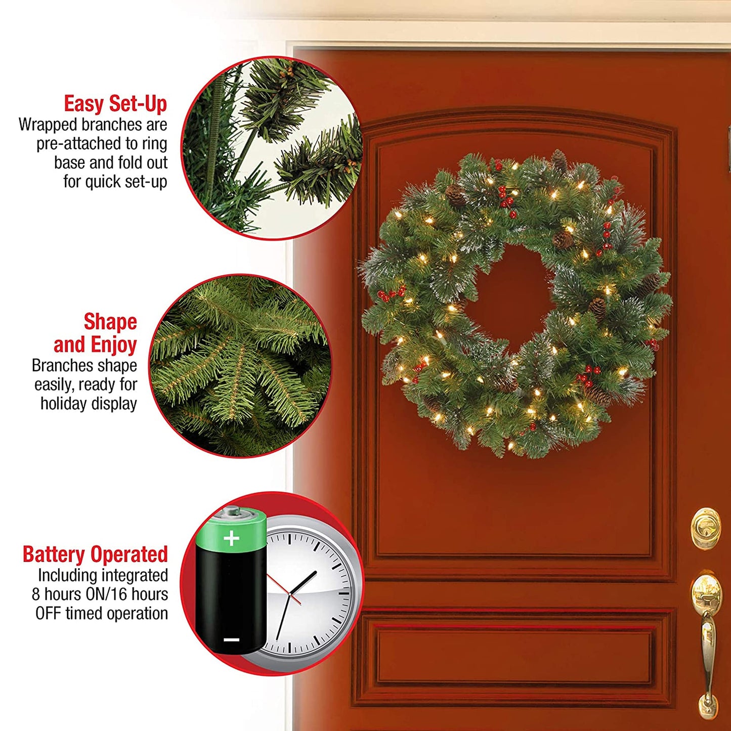 National Tree Company Pre-Lit Artificial Christmas Wreath, Green, Crestwood Spruce, White Lights, Decorated with Pine Cones, Berry Clusters, Frosted Branches, Christmas Collection, 30 Inches