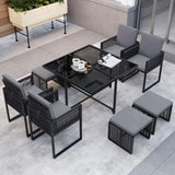 Tangkula 9 Pieces Patio Dining Set, Outdoor Space-Saving Furniture Set with PE Rattan Chairs, Tempered Glass Table and Ottomans, Outdoor Sectional Conversation Set with Cushions for Yard Tangkula