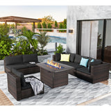 GREZJXC 7 Pieces Outdoor Sectional Patio Furniture Set with Fire Pit Table PE Rattan Wicker Patio Sectional Conversation Set with Cushion Black GREZJXC