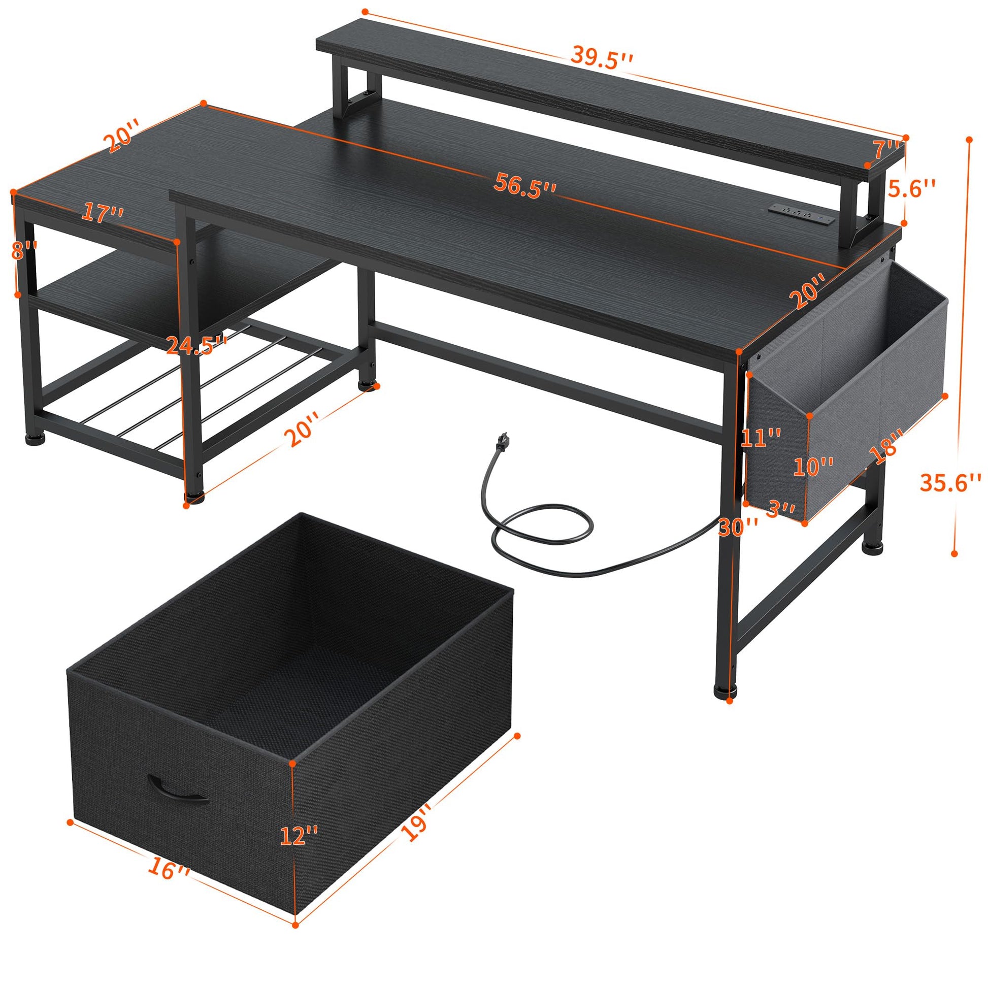 EnHomme 56.5" Computer Desk with Power Outlets,Home Office Desk with Fabric File Cabinet,Study Writing Gaming Desk with Monitor Shelf,Work Table with Printer Space,Black - WoodArtSupply