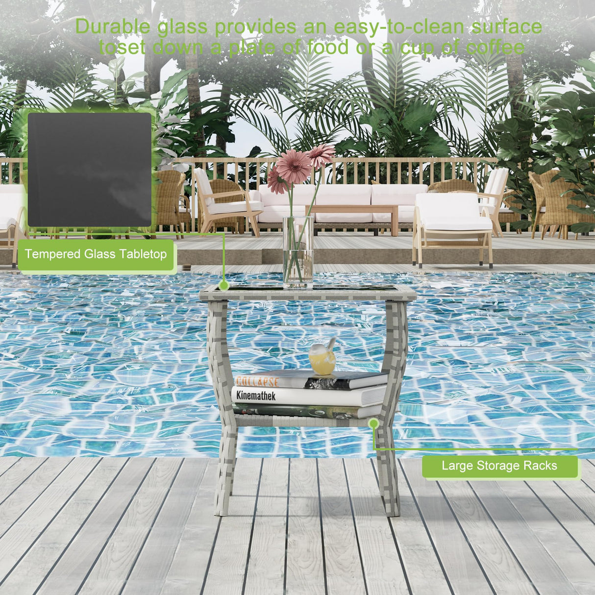 BALDPER 3 Piece Gray Wicker Patio Rocking Chair Set, Bistro Rocking Set, Outdoor Conversation Furniture with Porch Chairs and Glass Coffee Table, Slate Grey BALDPER