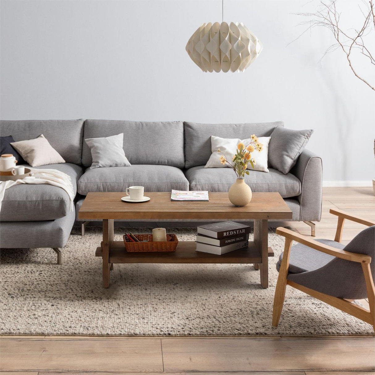 Farmhouse Wood Coffee Table - 43.4” Mid Century Modern Wooden Coffee Tables for Living Room, Solid Firwood Tabletop Rectangle Coffee Table, Center Table for Living Room, Brown HOKYHOKY