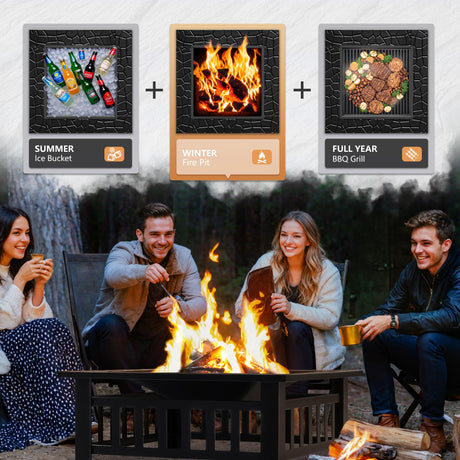 Greesum Multifunctional Patio Fire Pit Table, 32in Square Metal BBQ Firepit Stove Backyard Garden Fireplace with Spark Screen Lid and Rain Cover for Camping, Outdoor Heating, Bonfire and Picnic, Black Greesum