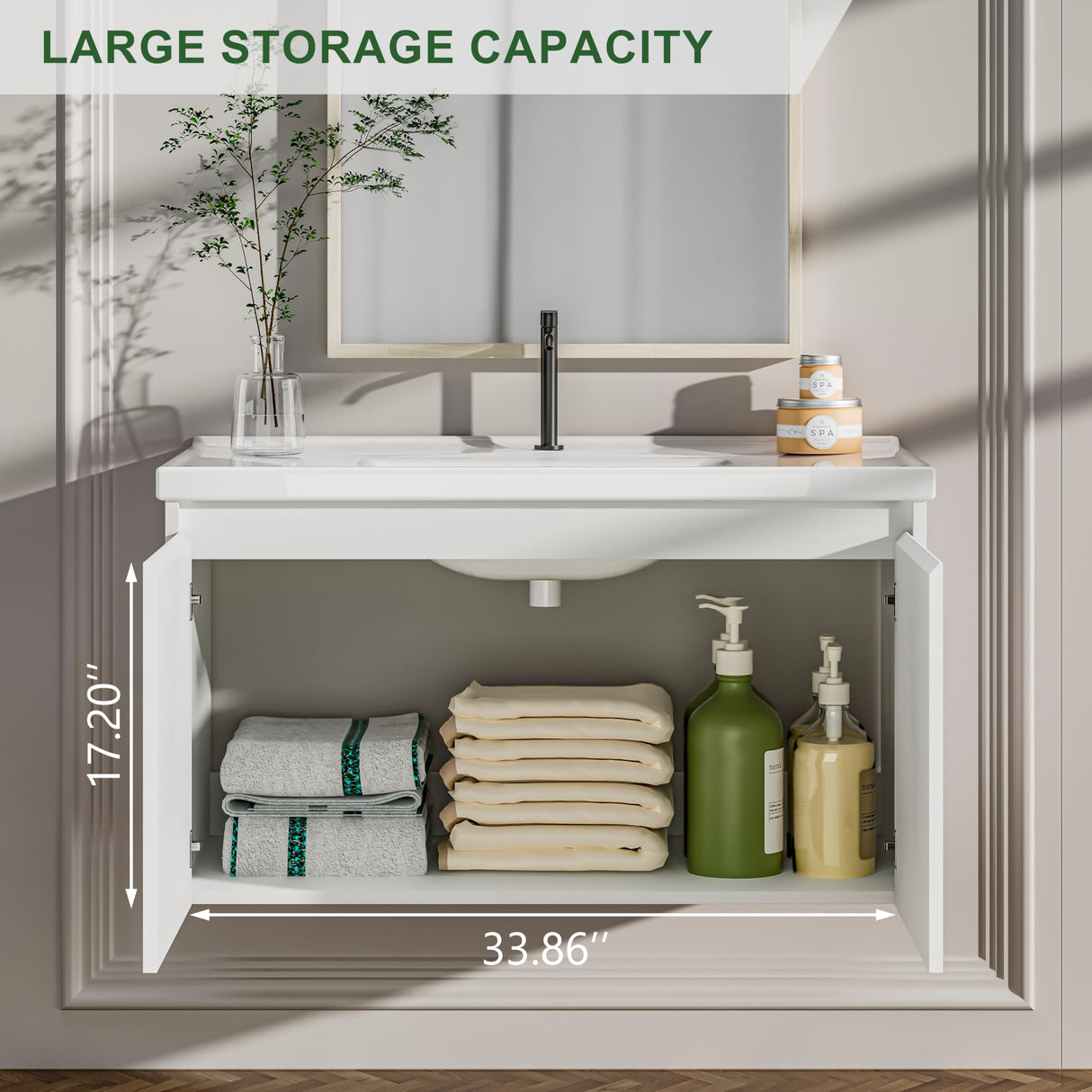 OLD CAPTAIN 36" Bathroom Vanity with Ceramic Sink, Floating Bathroom Vanity with Sink and Cabinet, Wall Mounted Bathroom Sink Cabinet with Storage and Two Doors, White OLD CAPTAIN