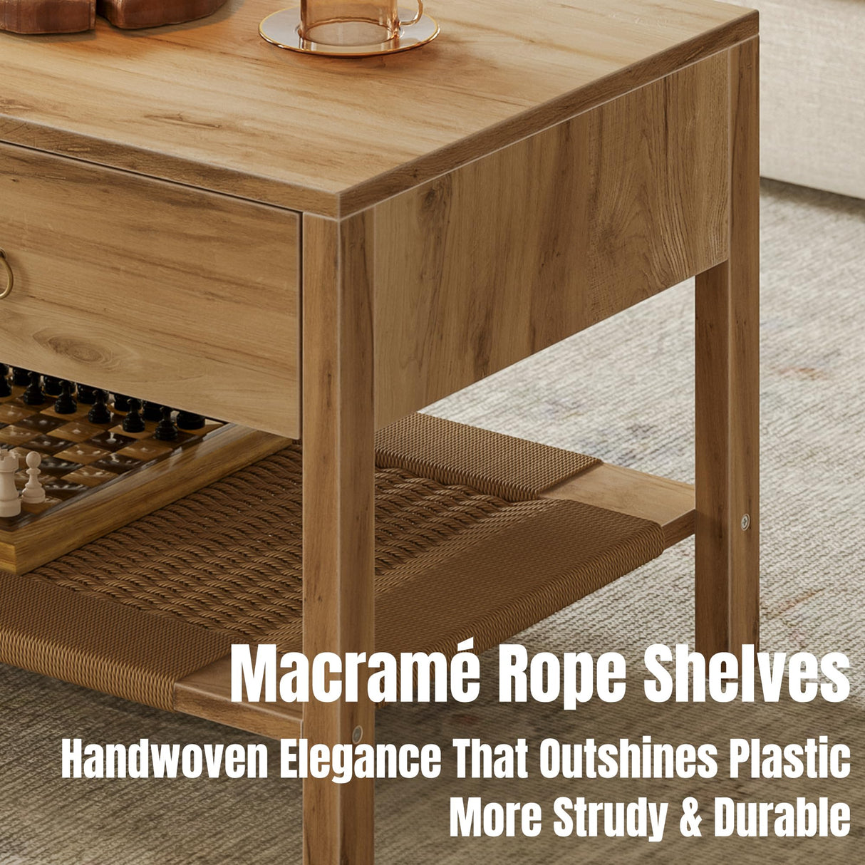 Dowinx Boho Coffee Table with Storage, 42" Wood Coffee Table for Living Room, 2 Storage Drawers and Open Rattan Shelf, Rectangular Living Room Coffee Tables Oak Dowinx