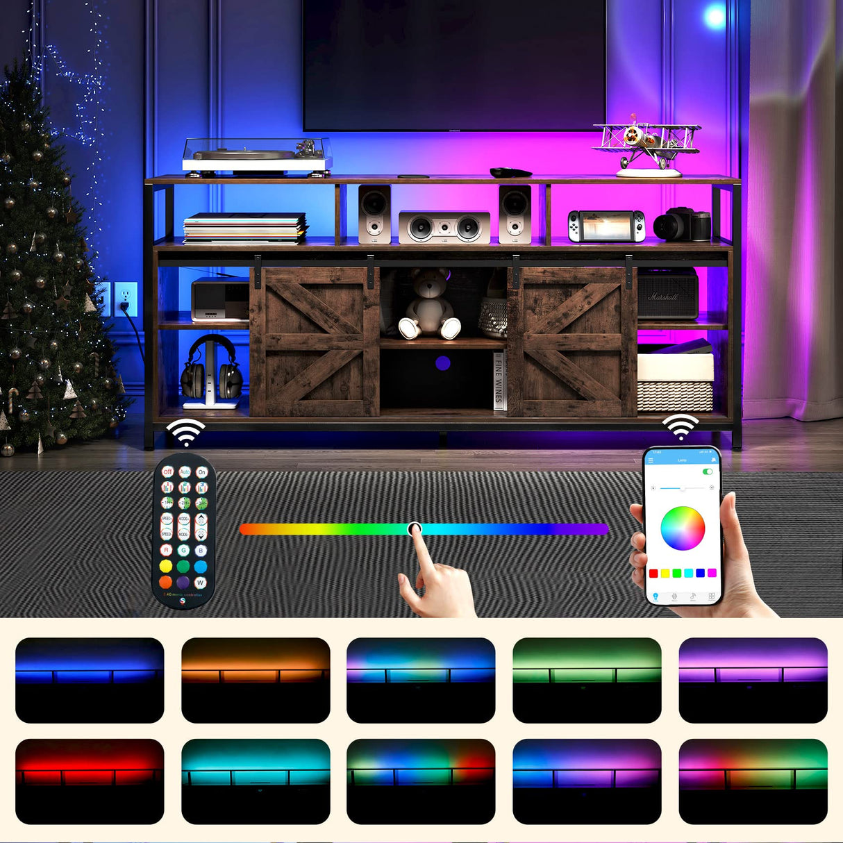 TC-HOMENY Brown TV Stand for 65 inch TV, Mid Century Modern Style, Sliding Barn Door, Adjustable Shelves, Built-in Charging Station and LED Light Strip, 33" High TC-HOMENY