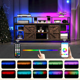 TC-HOMENY Brown TV Stand for 65 inch TV, Mid Century Modern Style, Sliding Barn Door, Adjustable Shelves, Built-in Charging Station and LED Light Strip, 33" High TC-HOMENY