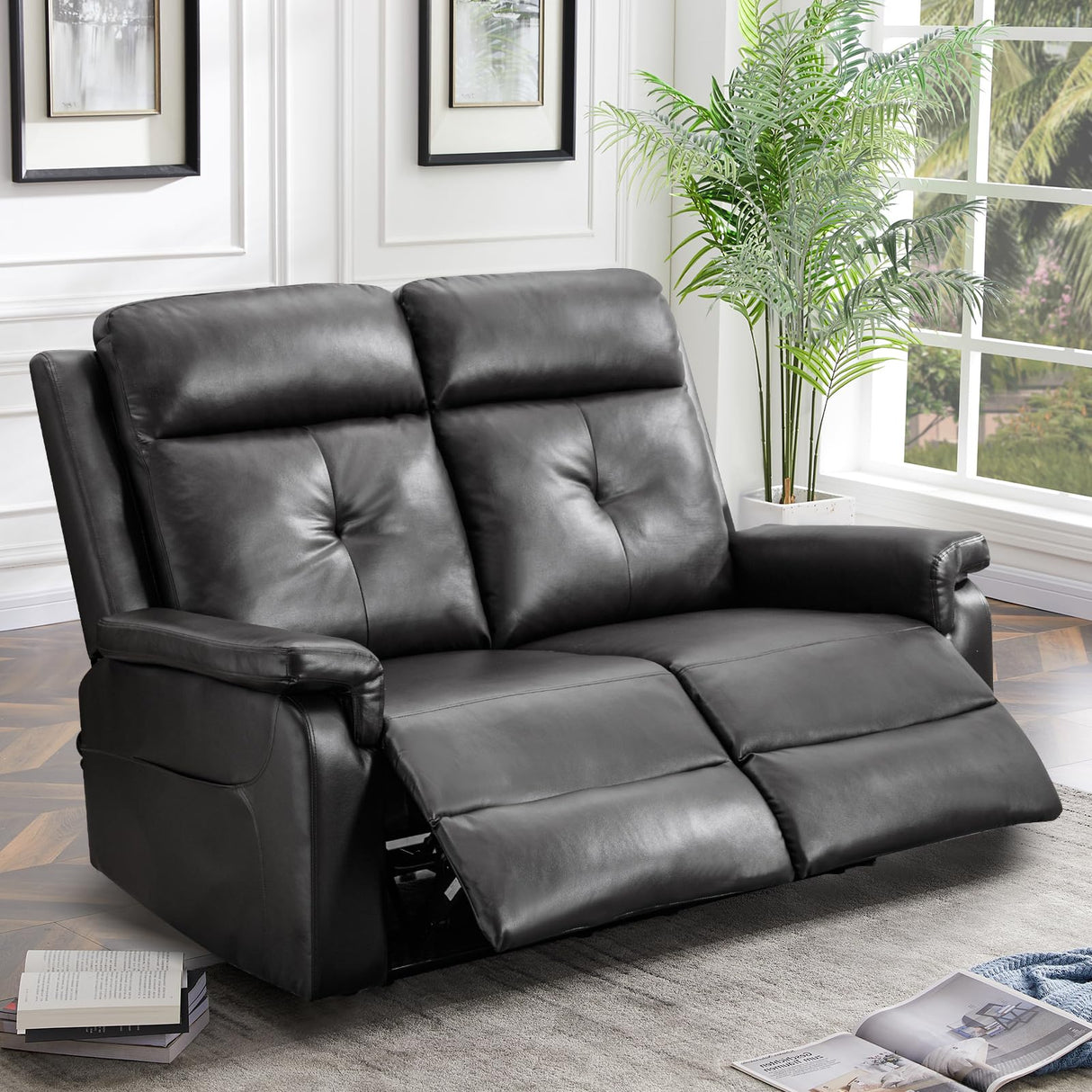 RIHEREFY PU Leather Reclining Loveseat with Heat and Massage, Double Loveseat Recliner with Side Pocket, Loveseat Recliner Sofa for Living Room, Home Theater, RV RIHEREFY