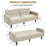 Yaheetech 63" Convertible Couch Small Futon Sofa Bed with 2 USB Ports, Reclining Backrest & Removable Armrests, Mid Century Modern Loveseat for Living Room, Apartment, Office, Beige Yaheetech