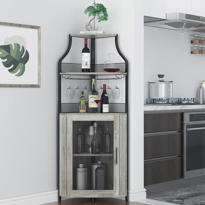 Amyove Corner Wine Bar Rack Cabinet with Detachable Wine Rack, Bar Cabinet with Glass Holder, Small Sideboard and Buffet Cabinet with Mesh Door