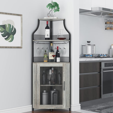 IDEALHOUSE Corner Wine Bar Cabinet with Detachable Wine Rack, Bar Cabinet with Glass Holder, Small Sideboard and Buffet Cabinet with Mesh Door (Grey) IDEALHOUSE