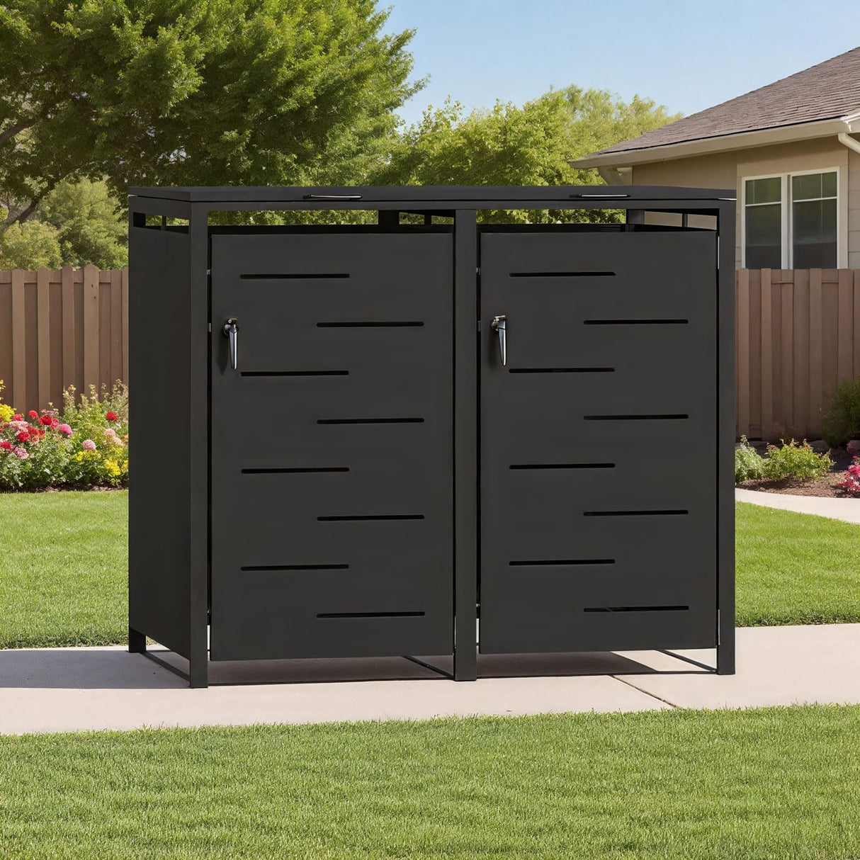 Outdoor Trash Can Storage Shed,Wheelie Bin Hideaways,Wheelie Bin Box 2 x 240L Made of Solid Steel,Weatherproof and Powder-Coated with Automatic Lid, Lockable,Perfect for Garden,Backyard (2, Black) Anxeit