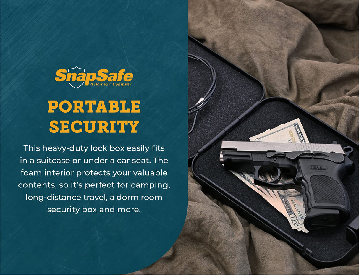 SnapSafe Portable Combination Lock Box for Guns and Valuables - Includes Lock Box (with 3-Digit Combination Lock) and Patented Security Cable - An Ideal Car Gun Safe - Large, 9.5 x 6.5 x 1.75 Inches SnapSafe