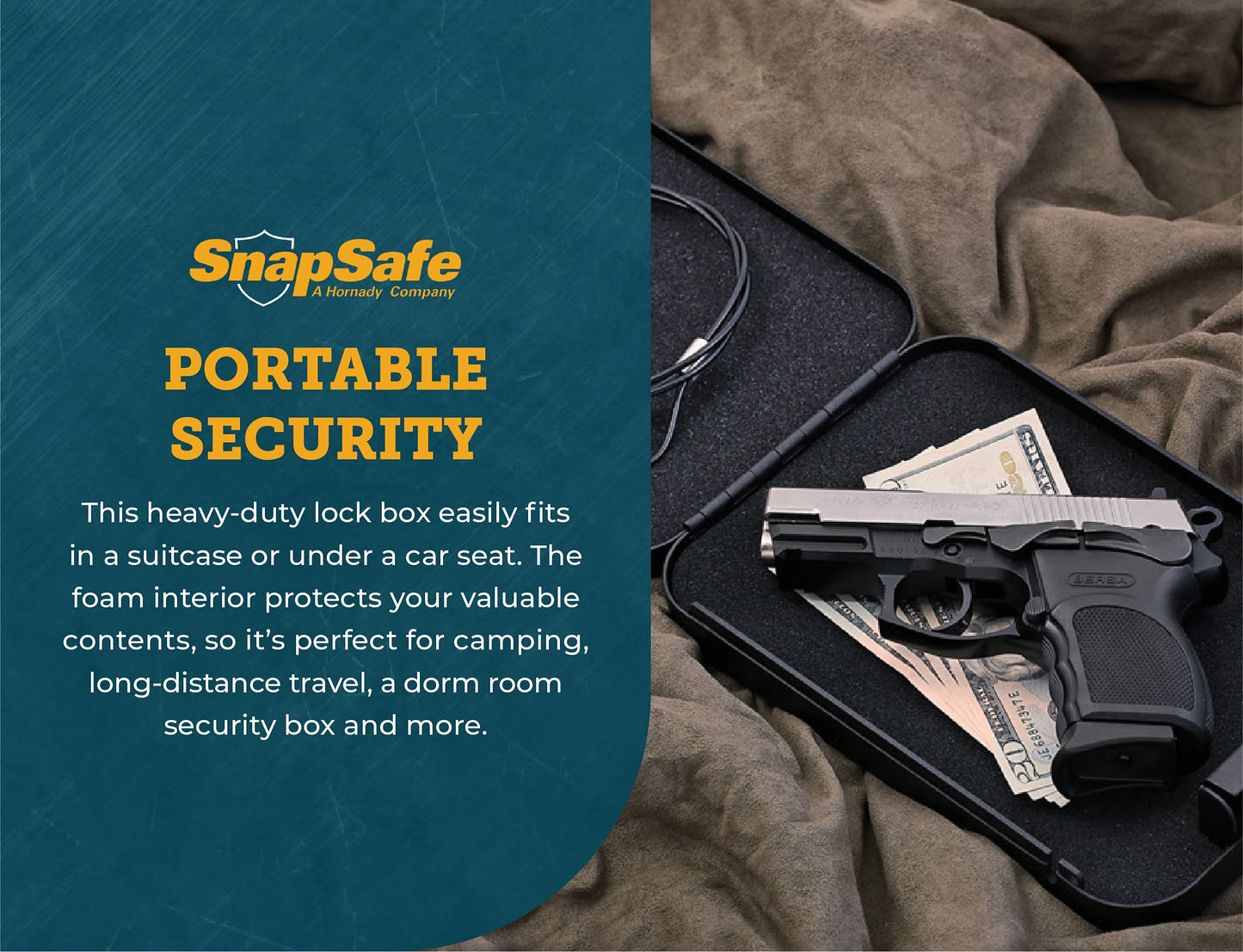 SnapSafe Portable Combination Lock Box for Guns and Valuables - Includes Lock Box (with 3-Digit Combination Lock) and Patented Security Cable - An Ideal Car Gun Safe - Large, 9.5 x 6.5 x 1.75 Inches