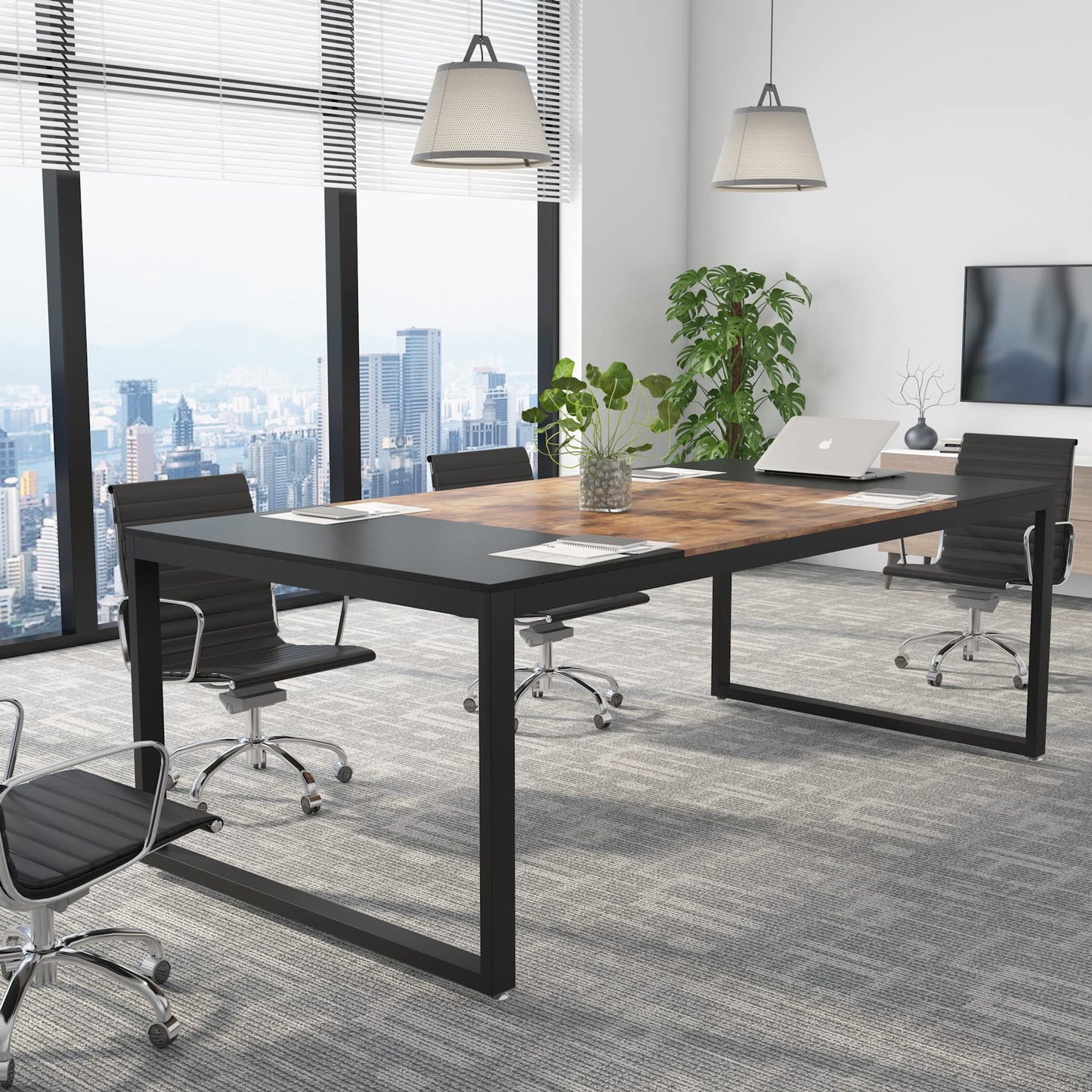 Tribesigns 6FT Conference Table, 70.86" L x 35.43" W x 29.52" H Rectangle Shaped Meeting Table, Modern Seminar Boardroom Table for Office Conference Room (Brown/Black) - WoodArtSupply