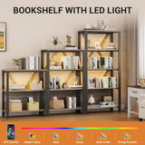 GarveeHome 3 Tier Bookshelf with LED Lights, Bookcase with Open Display Shelves, Wood and Metal Standing Bookshelf with Storage Rack for Living Room Bedroom Home Office, Grey GarveeHome