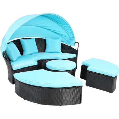 YITAHOME Outdoor Furniture Patio Round Daybed with Retractable Canopy, Soft Cushions, and Storable Side Table for Leisure in Porch Backyard, Turquoise - WoodArtSupply