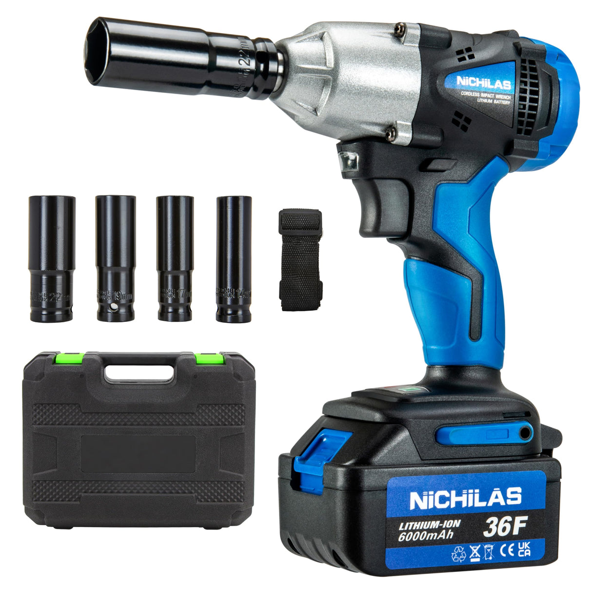 Nichilas Cordless Impact Wrench, 2 IN 1 Screwdriver Head, 21V electric power wrench, 420Nm High Torque, 4 Pole Motor, Include Battery & Charger & Carrying Plastic Box Nichilas