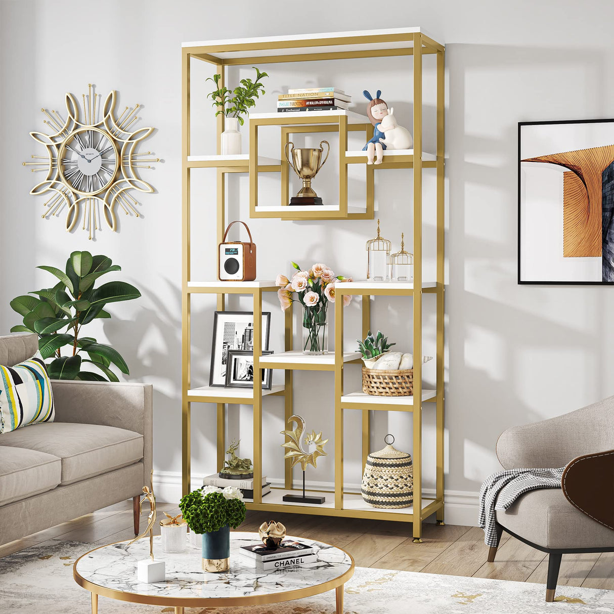 Tribesigns 71" Gold and White Modern 11-Tier Etagere Bookshelf for Elegant Storage and Display Tribesigns