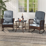 Tangkula 3 Piece Patio Rocker Set, Patiojoy Outdoor Wicker Rocking Chairs w/Double-Layer Coffee Table, Rattan Rocker Chair Set w/Seat Back Cushions & Pillows, for Porch, Backyard, Poolside (Grey) Tangkula