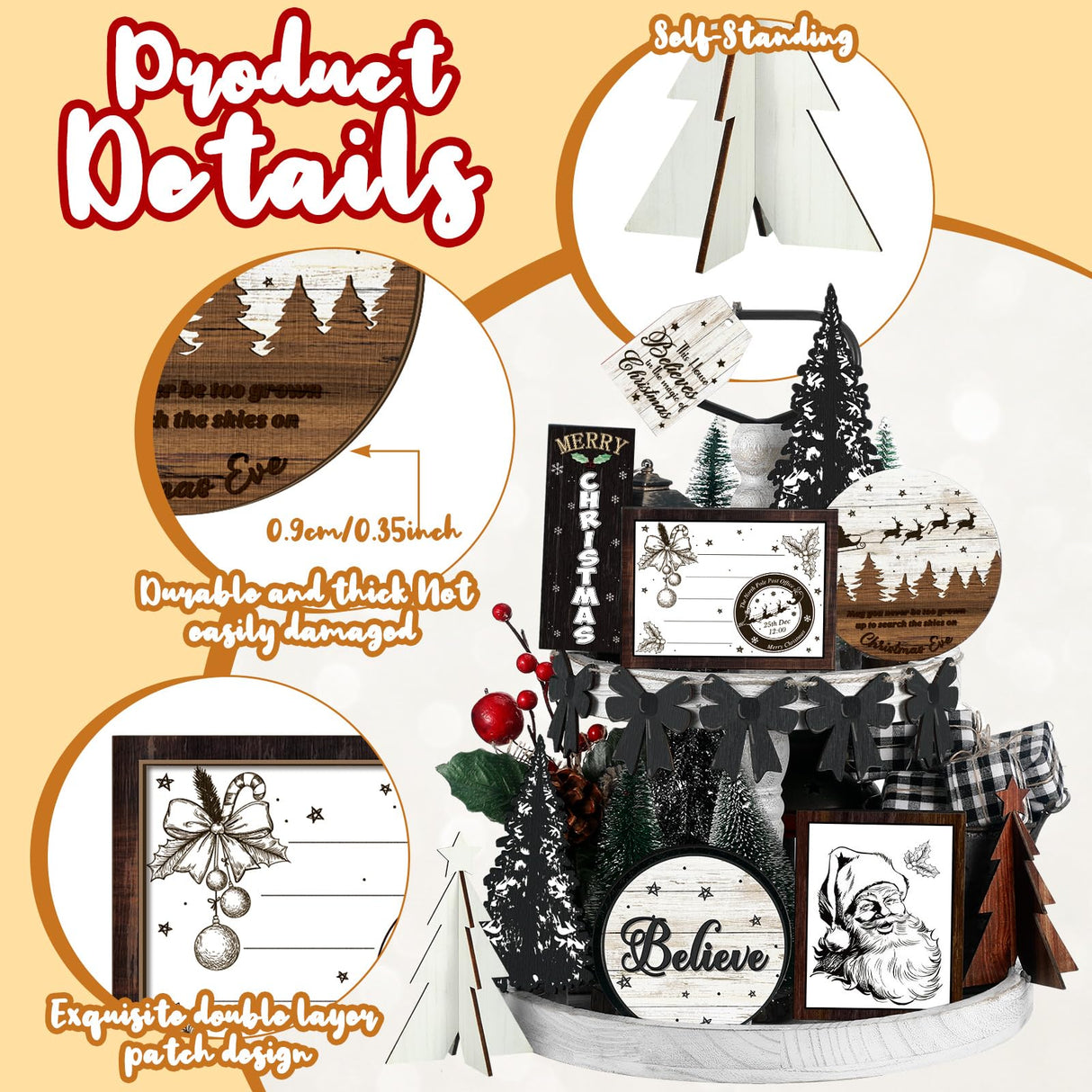 FairySandy Christmas Tiered Tray Decor Wooden Sign Farmhouse Tier Tray Decorations for Home Xmas Winter Party Bathroom Kitchen Bedroom (Stylish Style, 15 Pcs) FairySandy