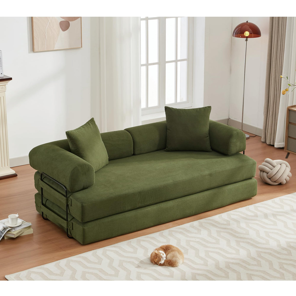 ZEIINPA Convertible Sleeper Sofa Bed with Cylindrical Pillow, Corduroy Folding Mattress Couch with Fixed-Shape Frame, Floor Sofa Lounge Couch for Living Room Bedroom Lounge Studio-Green ZEIINPA